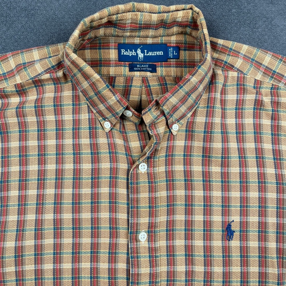Ralph Lauren Blake Shirt Mens Large Tan Plaid Cotton Long Sleeve Button Up Pony